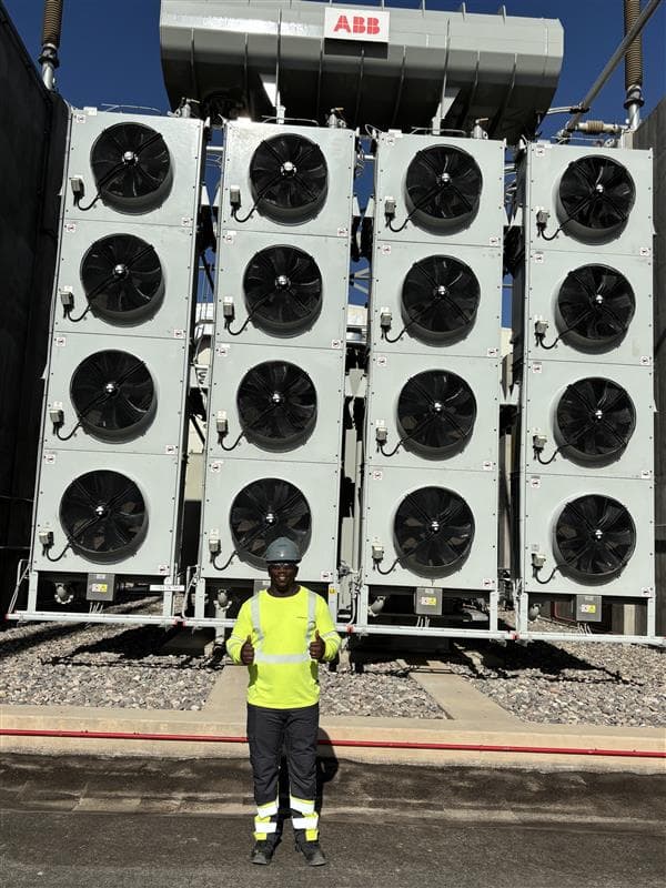 Outdoor converter cooling bank with ABB equipment at a high-voltage transmission site